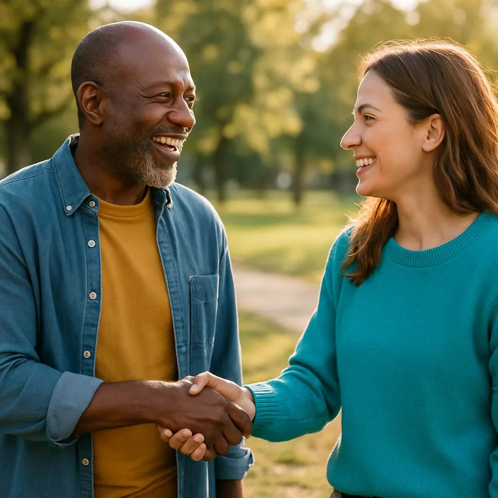 Two people meeting at a local park — genuinely local Northamptonshire dating