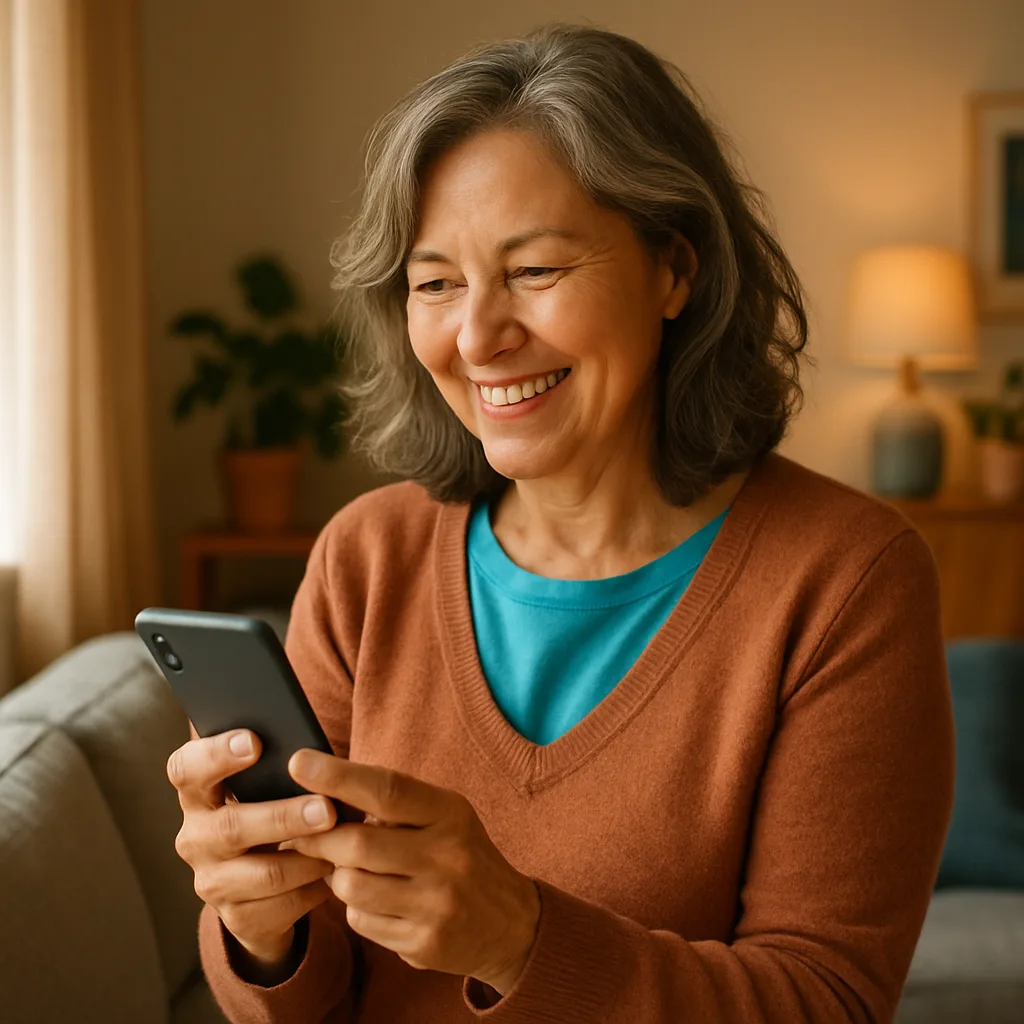 Smiling woman confidently checking her phone — verified profiles on The Northamptonshire Dating Site